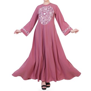 Embroidered umbrella dress abaya- Puce Pink